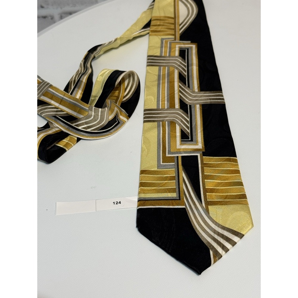 Dino Bassi Vintage Silk Tie Geometric Art Deco Gold Black Yellow 90s Y2K Korea - Picture 5 of 6